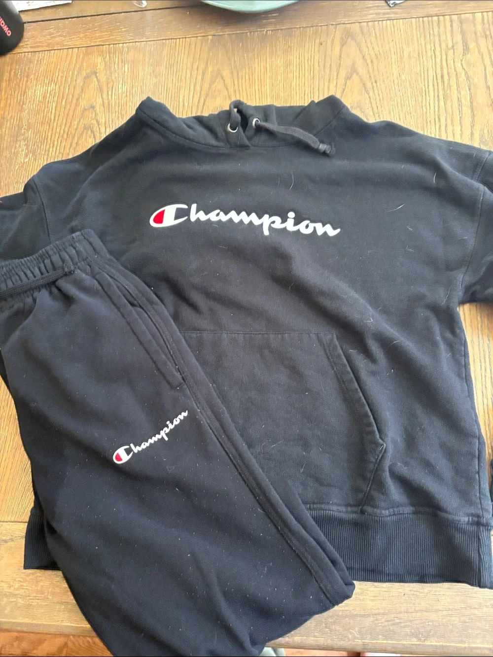 Champion Black Hoodie and Joggers Set with White & Red Logo